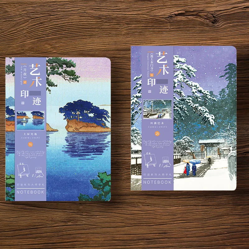 Ukiyo-e series hand ledger notebook showing Japanese art cover and open writing pages