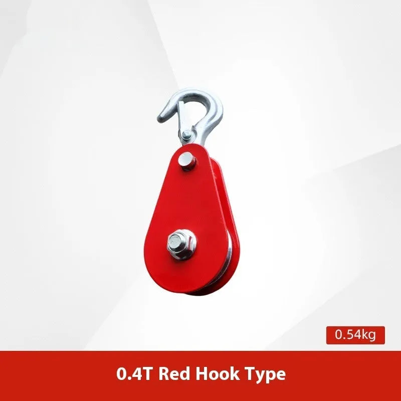 Red forged steel lifting pulley with a ring hook and safety latch for industrial general lifting applications.