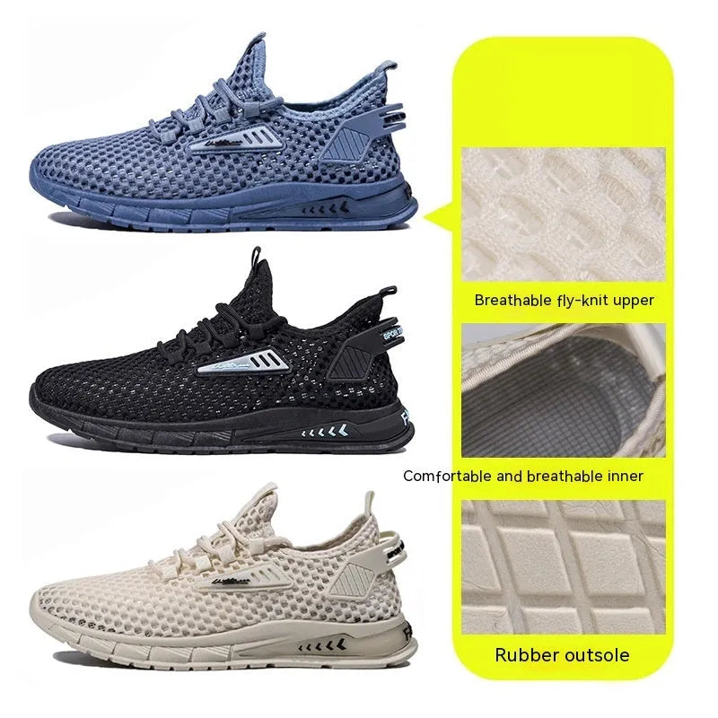 Men's beige casual sneaker with synthetic leather upper, mesh lining, and flat EVA sole on a plain background.