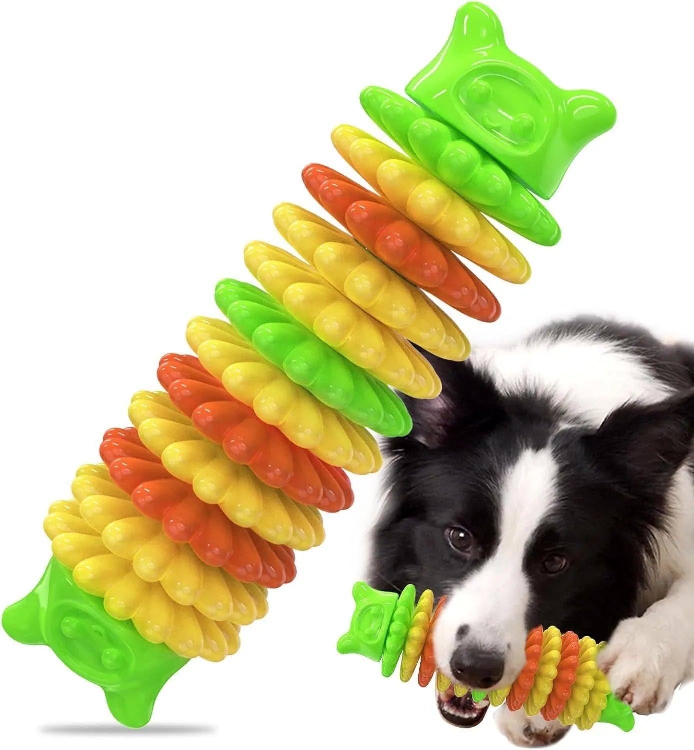 Blue green pink caterpillar shaped natural rubber dog chew toy on white background