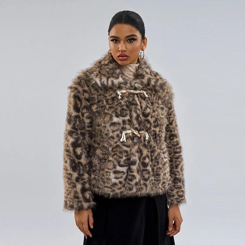 Leopard print women's coat with a buckle lapel detail on the collar