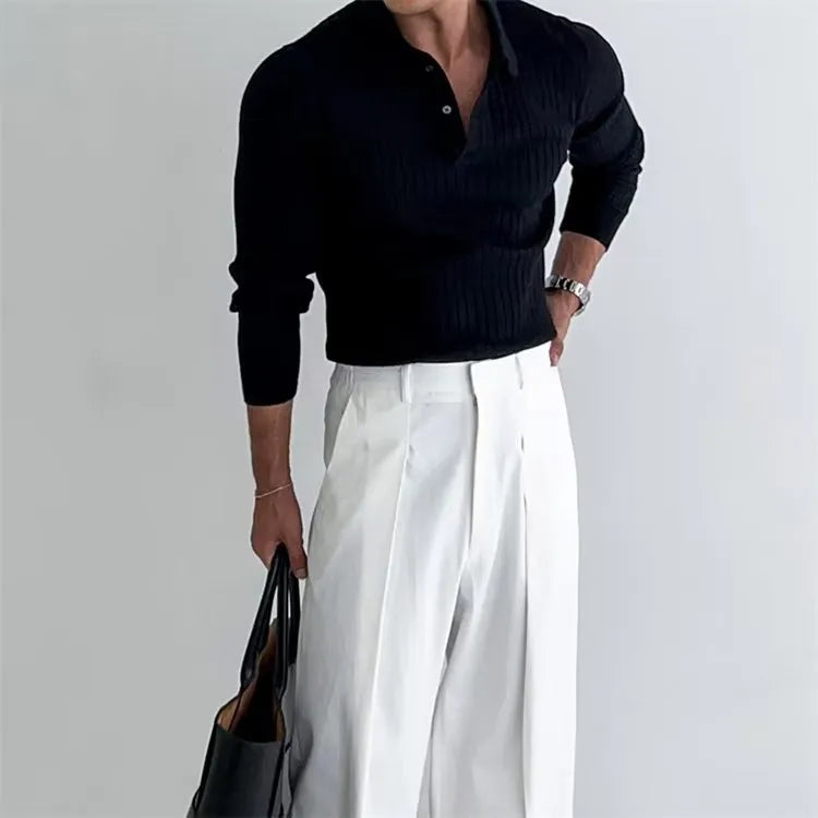 Men's slim-fit lapel button long sleeve polo shirt in black knitted polyester fabric