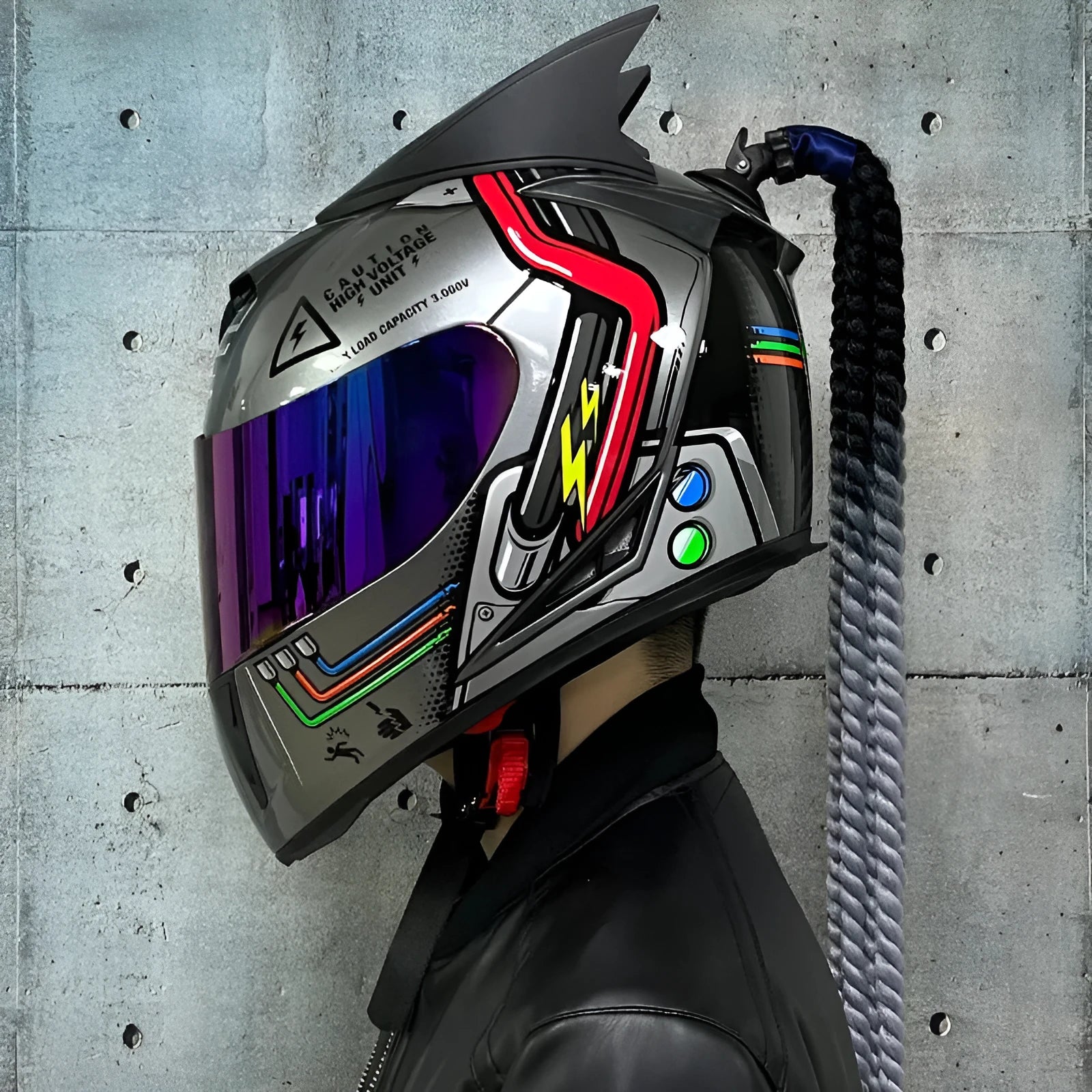 Dirty Braids full face motorcycle helmet with graphic design, shown in size L.