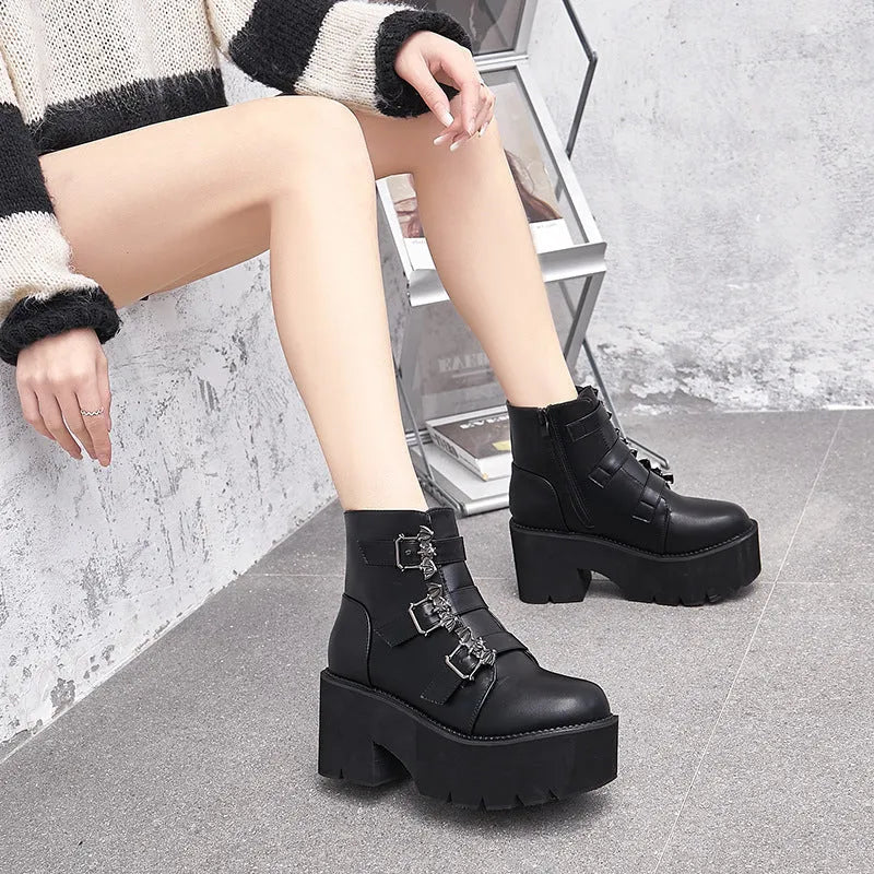 Black Harajuku punk Martin boots with bat buckle gothic detailing and side zipper