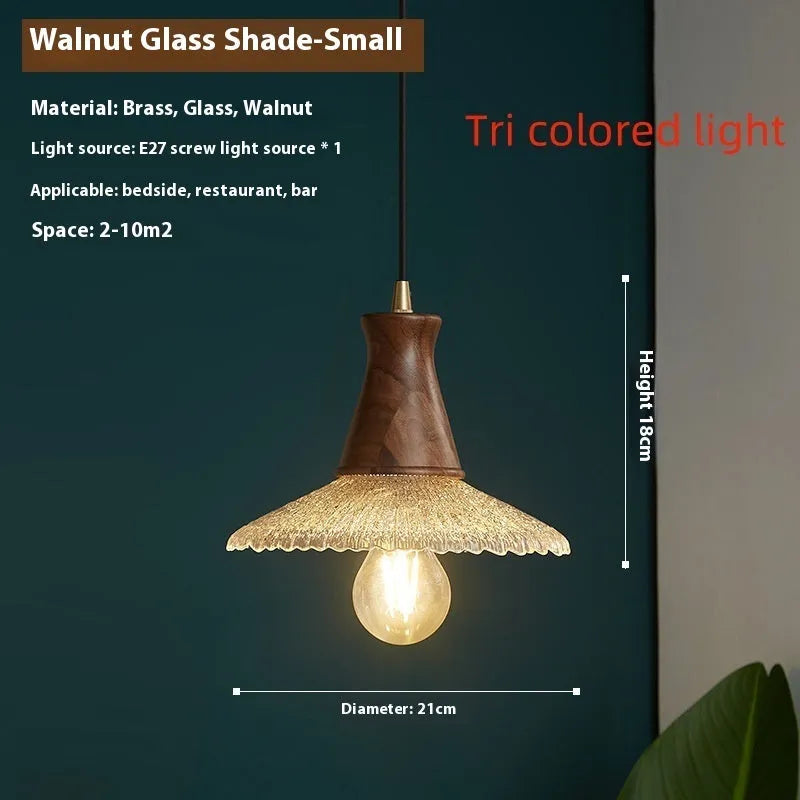 Retro wood and glass ceiling chandelier with brass-colour finish in three sizes.