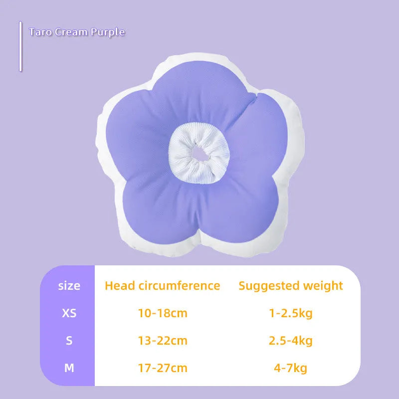 Soft cotton cat recovery collar with a solar flower design in various colours, shown adjusted around a cat's neck.
