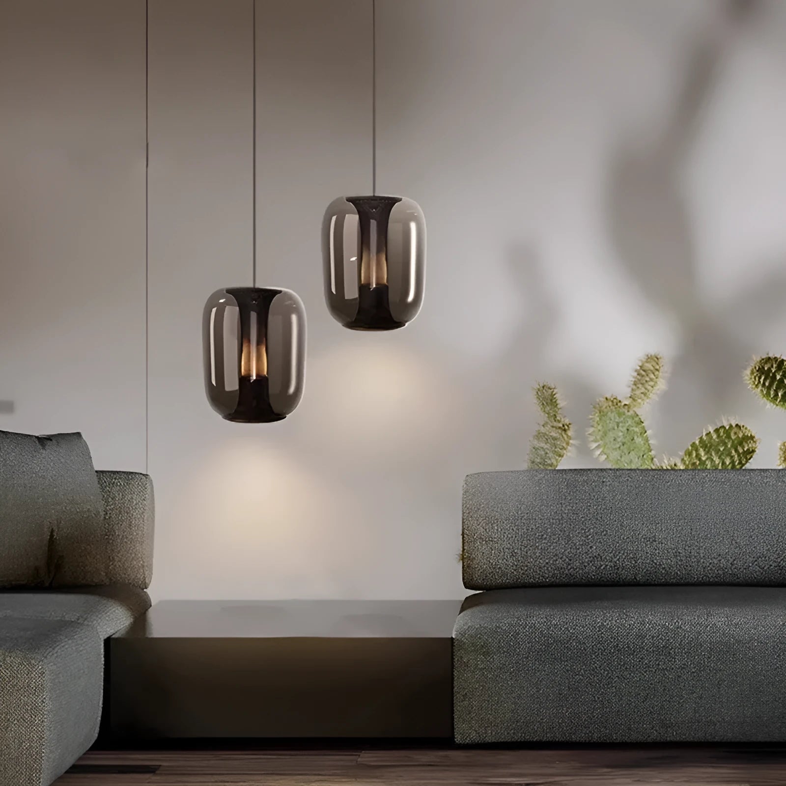 Minimalist Nordic style chandelier ceiling lamp in transparent, cognac, or smoky grey glass, 16cm diameter