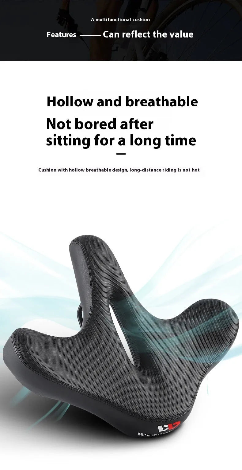 Black bicycle seat cushion with thickened foam padding for shock absorption on ordinary and mountain bikes