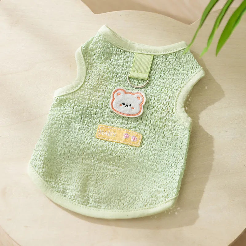 Breathable knitted cat clothing with a hollowed-out cartoon bear patch in blue