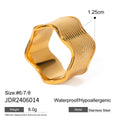 Stainless steel geometric wave ring for women with a wide surface area and electroplated finish.