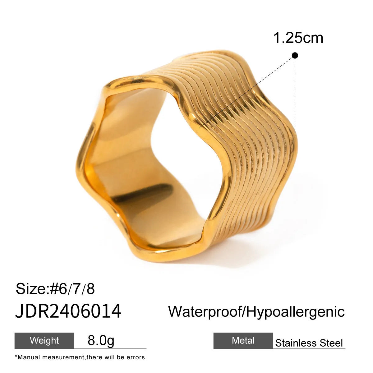 Stainless steel geometric wave ring for women with a wide surface area and electroplated finish.