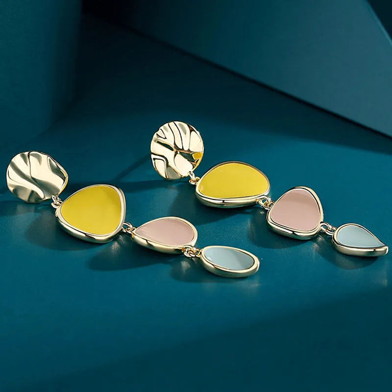 Morandi three-colour oil drip texture on disc-shaped wafer earrings with sterling silver needle