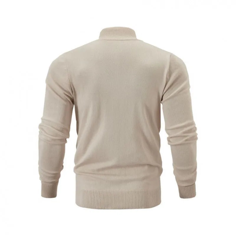 Men's grey cotton zip-up sports sweater with a stand collar shown in a loose fit