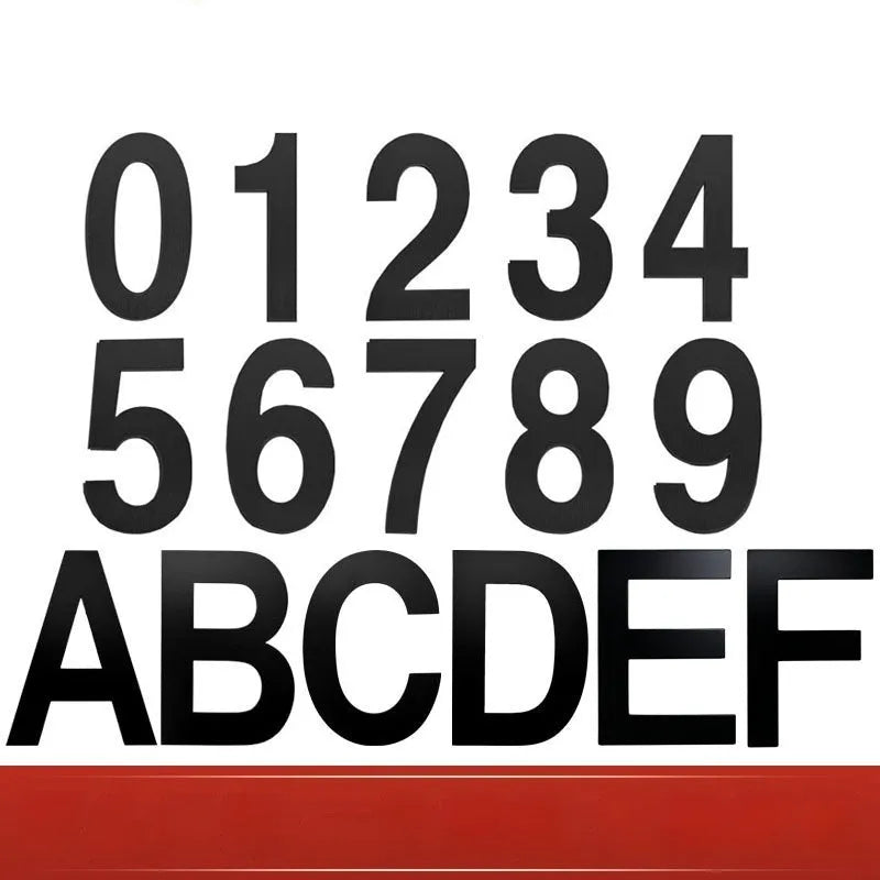 Black stainless steel sticky house numbers showing letters and numbers with 7.5cm characters for waterproof external use