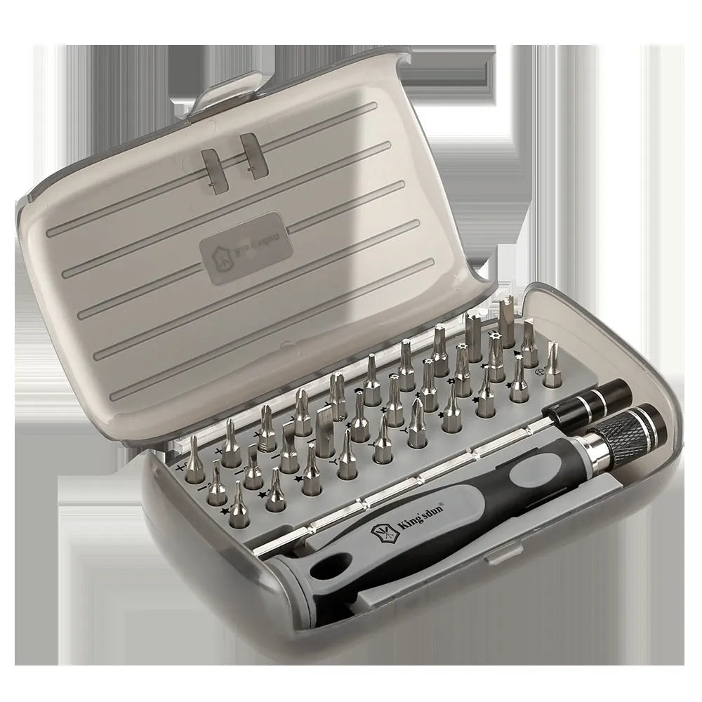 32 in 1 screwdriver set with bits in a black plastic storage case