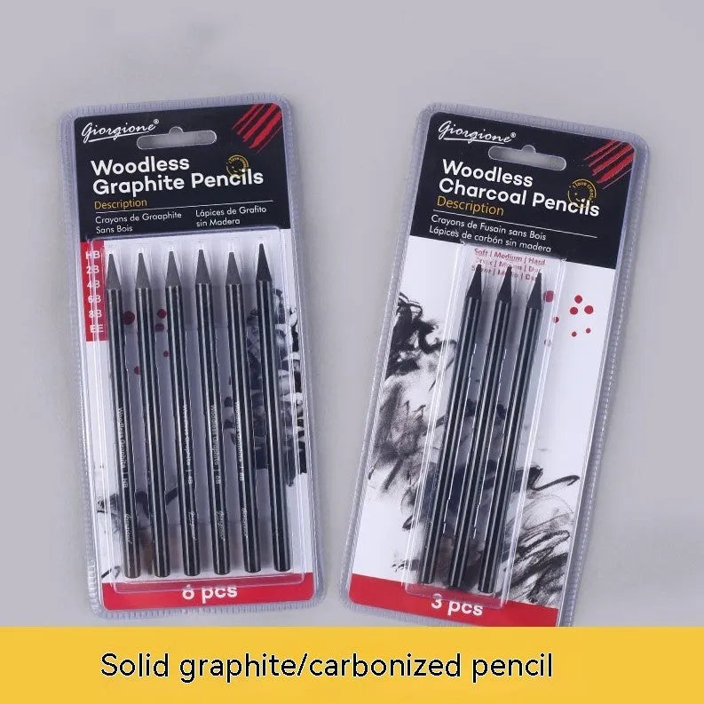 Carbonized Pencil Suit set showing graphite and carbonized pencils with wooden shells on a suction card.