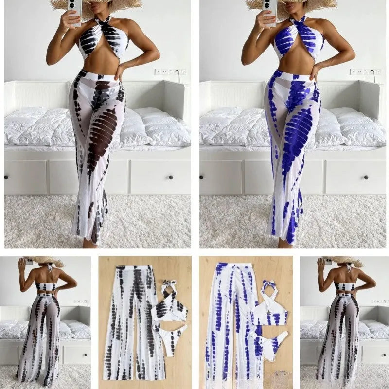 Women three-piece swimsuit set with mesh trousers in black printing pattern