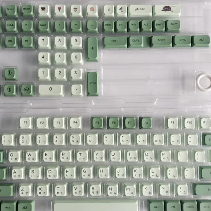 Matcha green PBT keycap set with 124 keys for mechanical keyboards, showing sublimation dye legends.