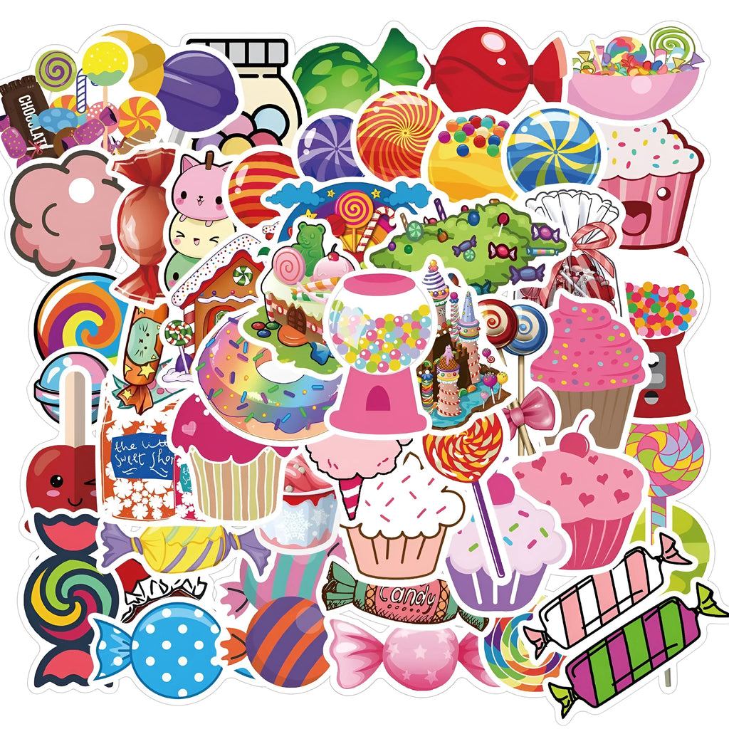 Pack of 50 colourful candy theme graffiti stickers, each measuring 4-6cm.