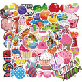 Pack of 50 colourful candy theme graffiti stickers, each measuring 4-6cm.
