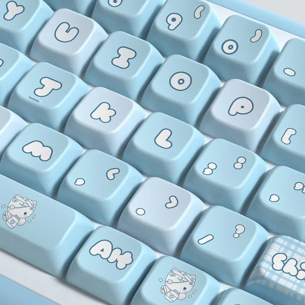 Watercolour kitten custom PBT keycap set for mechanical keyboards, showing 138-key and 158-key full set options