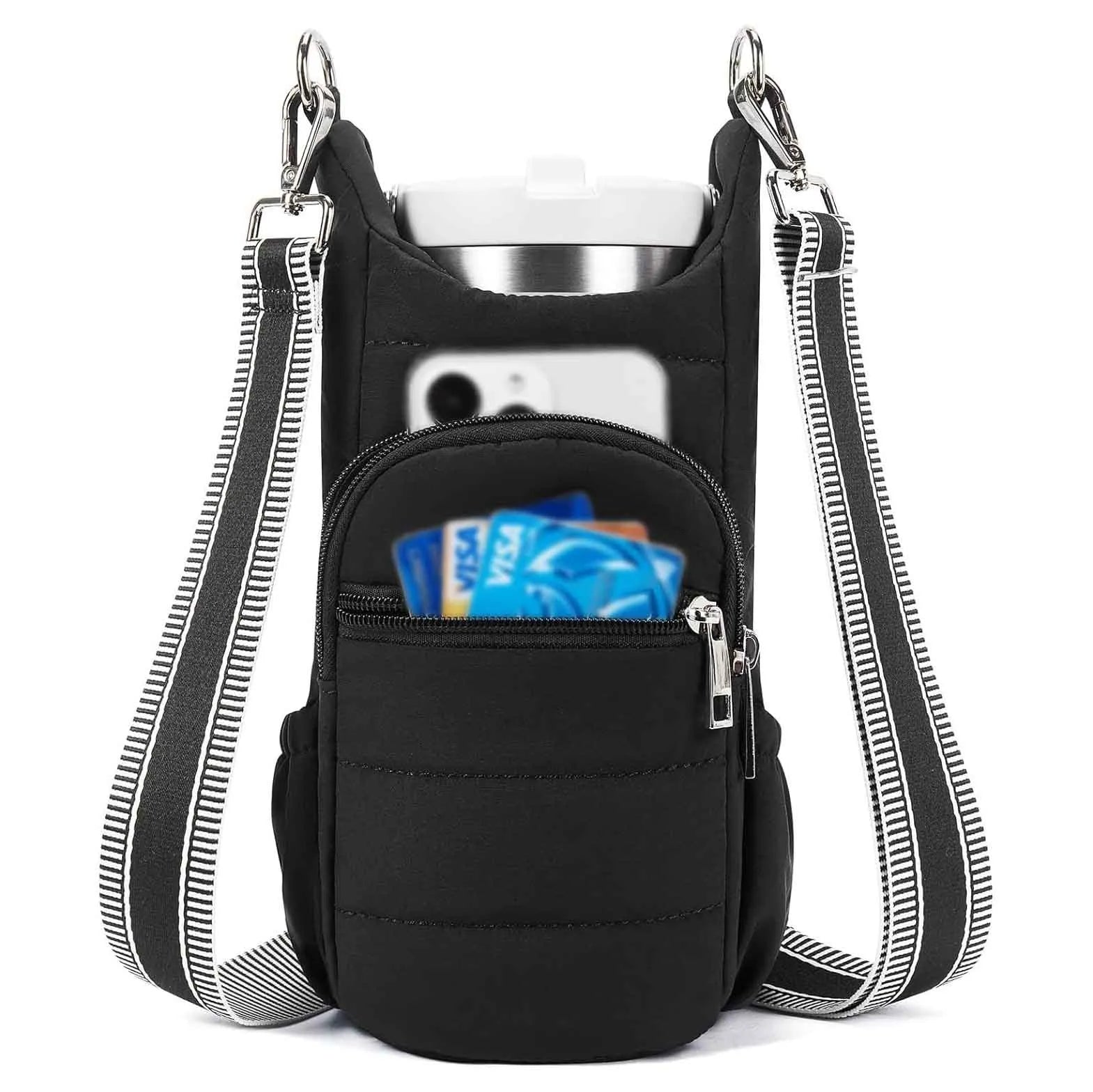 Cloth water bottle bag for bicycles in black, pink, and beige colour options
