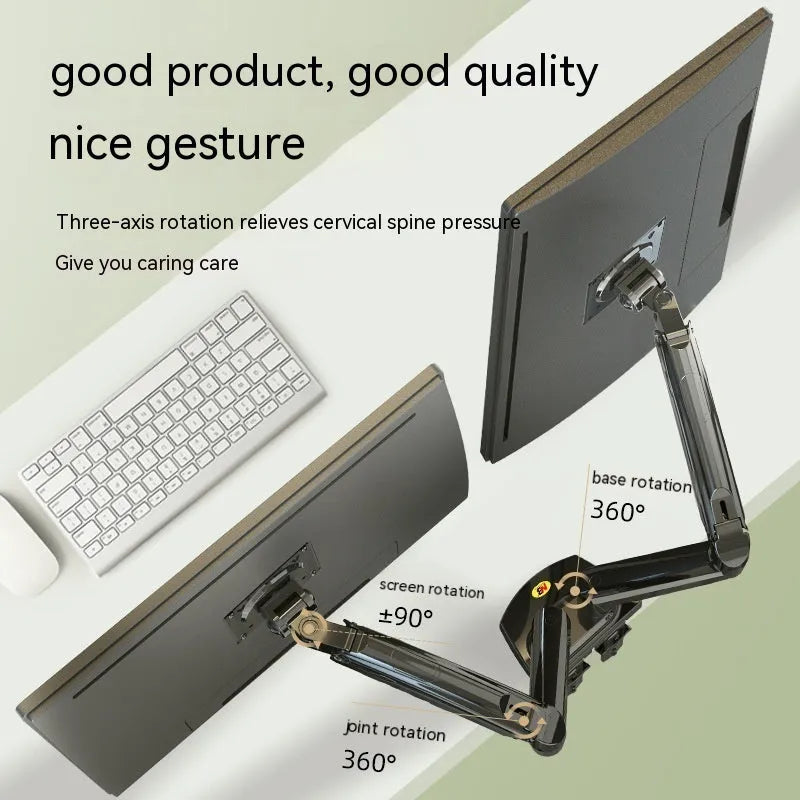 Dual screen lifting monitor bracket made of aluminium alloy and black plastic for VESA mounts.