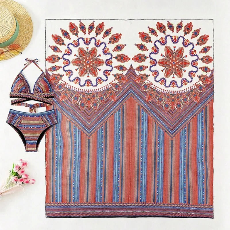 Women's three-piece swimsuit set showing sleeveless blouse, high-waisted briefs, and matching coat in picture colour