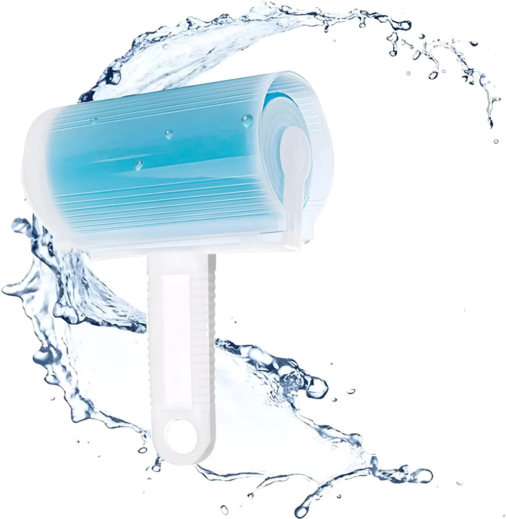Blue washable reusable lint roller with cover for removing pet hair from clothes.