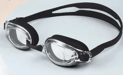 Adult myopia swimming goggles with anti-fog lenses and a protective storage case.