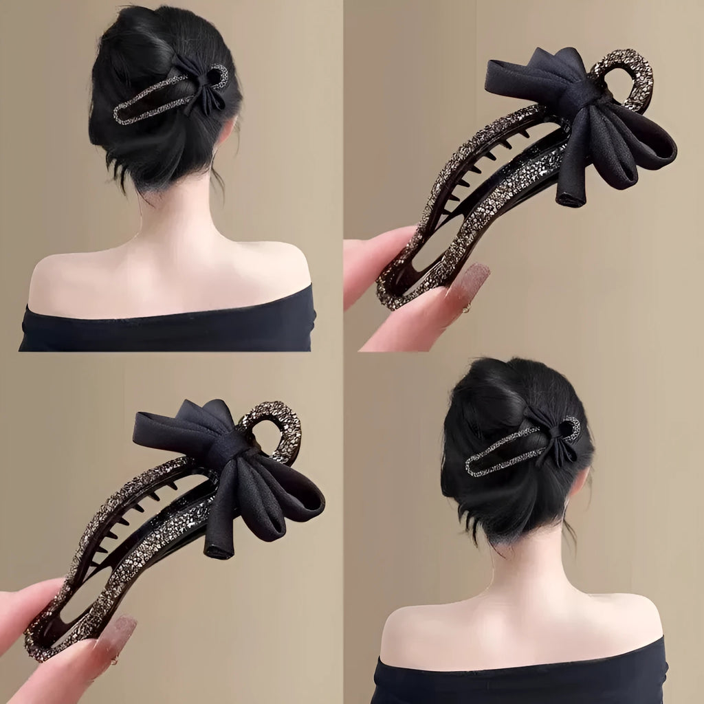 Black acrylic hair claw clip with crystal bow bobby pin back design 11.5cm total length for women