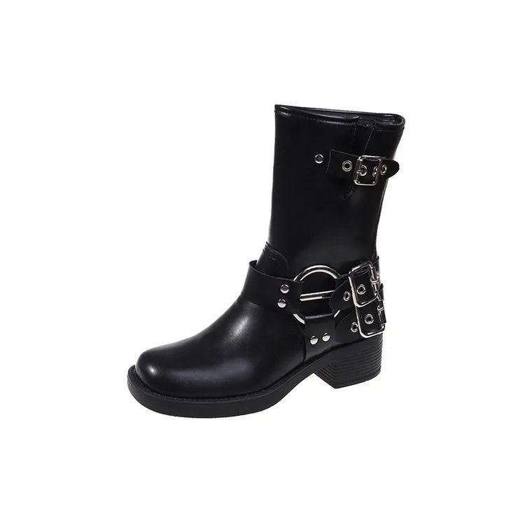 Black and brown women's platform boots with buckle details on the calf.