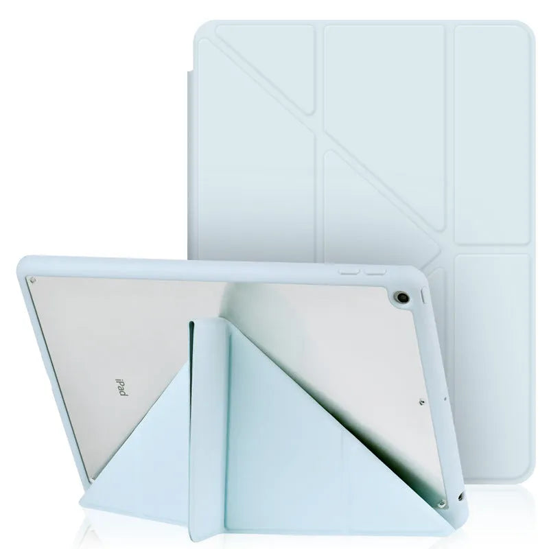 Acrylic Y folding iPad protective case in dark grey showing folding stand and built-in pen slot