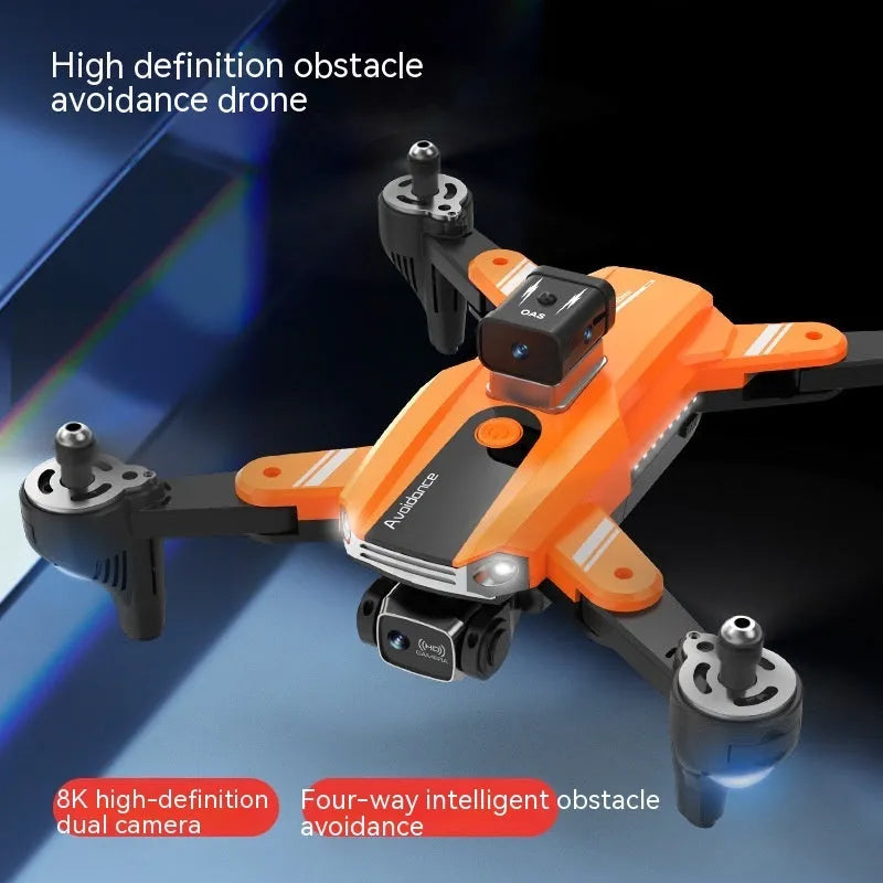Orange and black quadcopter drone with dual cameras and propeller guards, shown on a white background