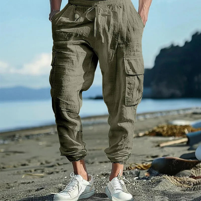 Men's linen casual trousers with ankle-tied cuffs and multiple pockets in loose fit