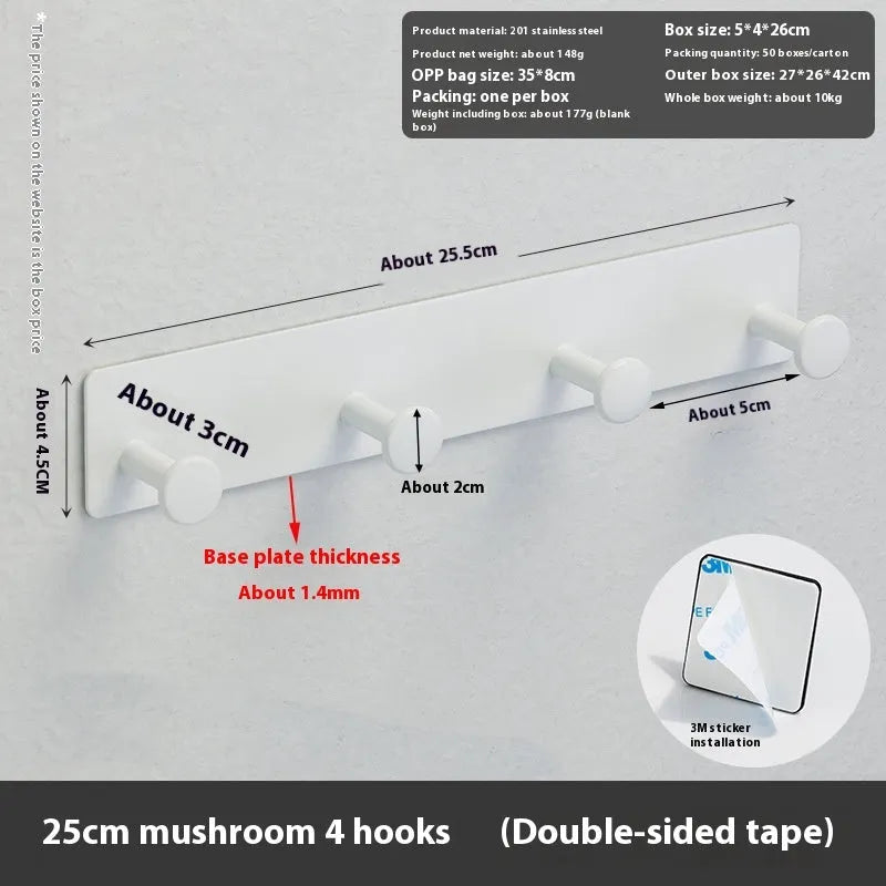 Mushroom-style adhesive wall hook with multiple hooks for screw-free hanging on shower doors