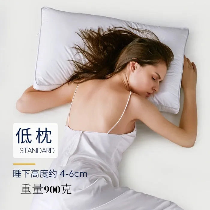 White cotton satin stripe pillow with feather cotton fill showing three size options