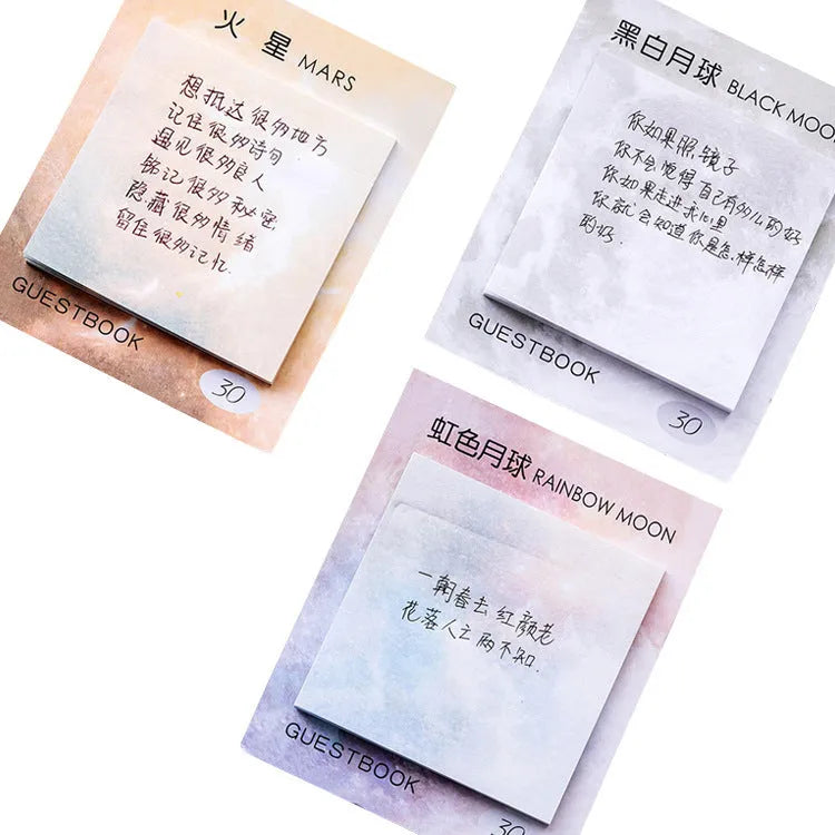 Square oil painting planet sticky note pad showing celestial designs with six colour options