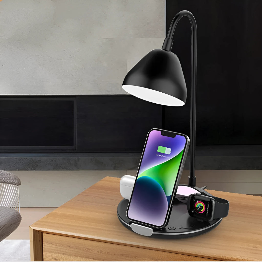 Black magnetic folding wireless charger with phone positioned at angle