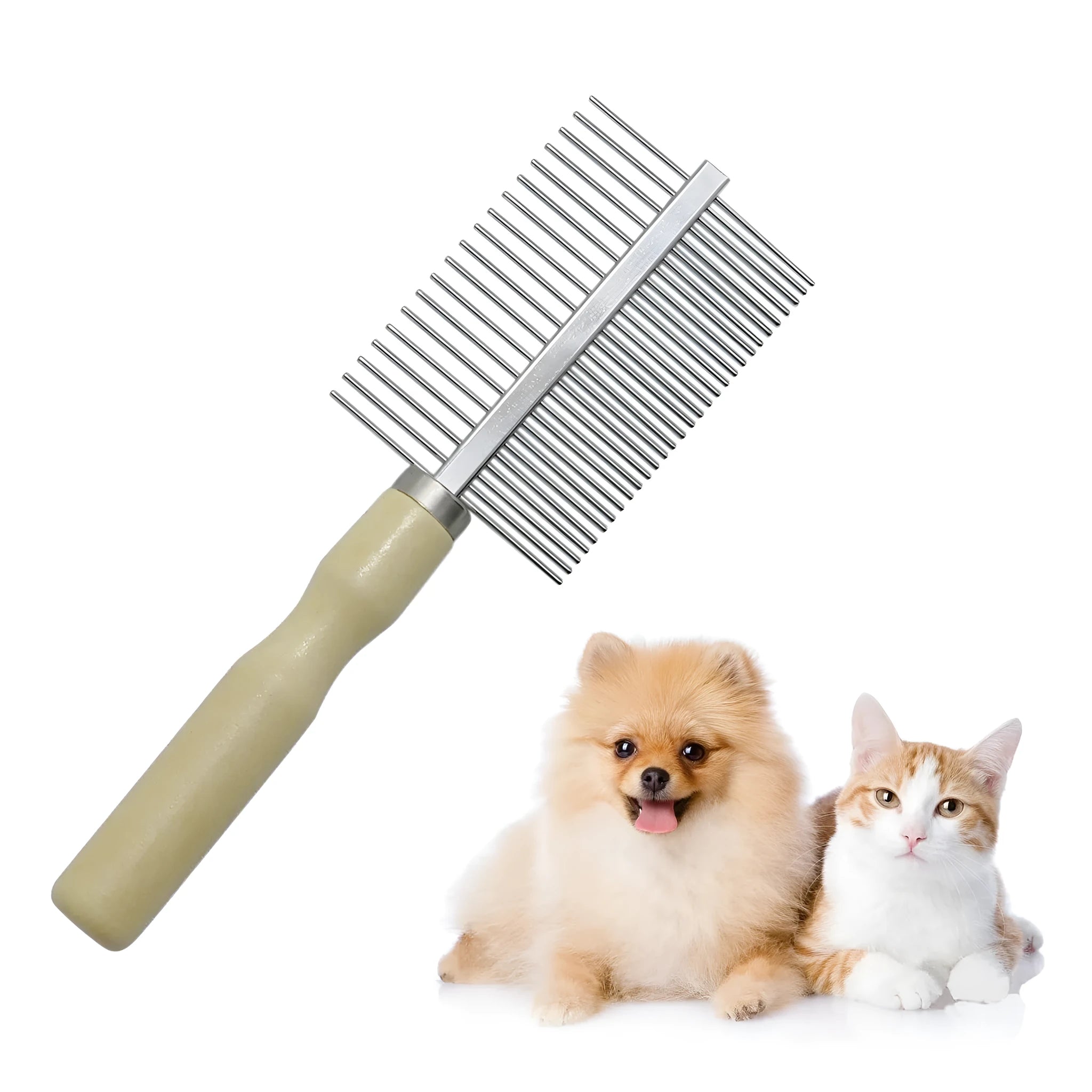 Wooden handle pet grooming comb for dogs and cats on a neutral background.