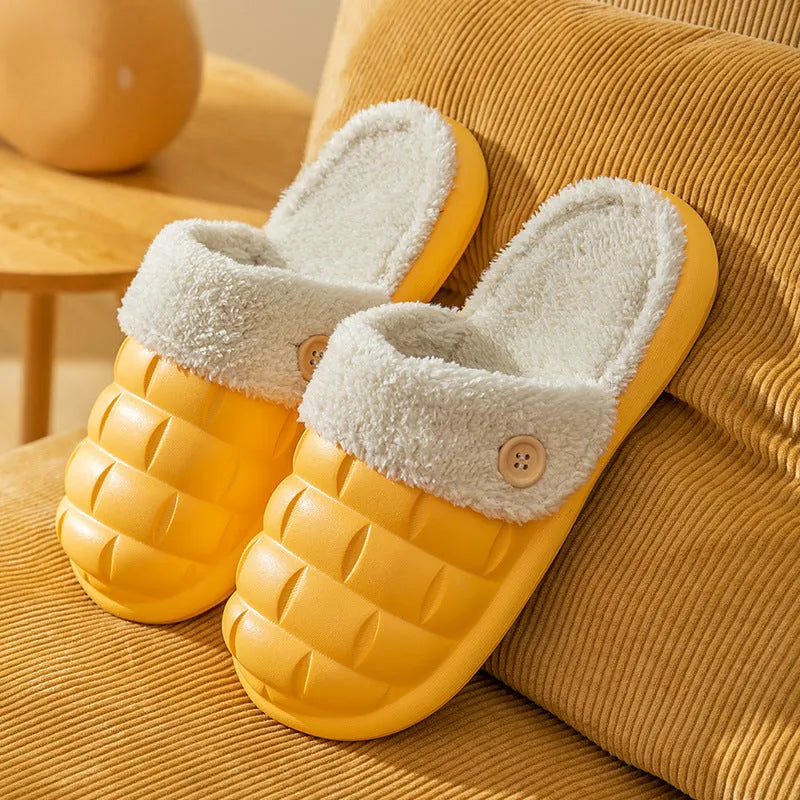 Plaid patterned detachable slippers for women with plush lining and a textured EVA anti-skid sole.
