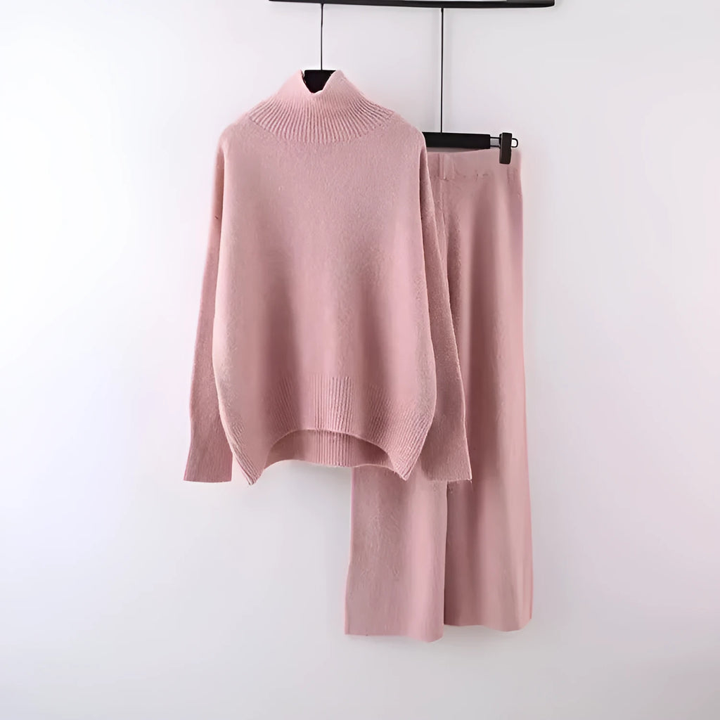 Women's casual two-piece set featuring a long sleeve sweater and wide leg trousers in a solid colour.