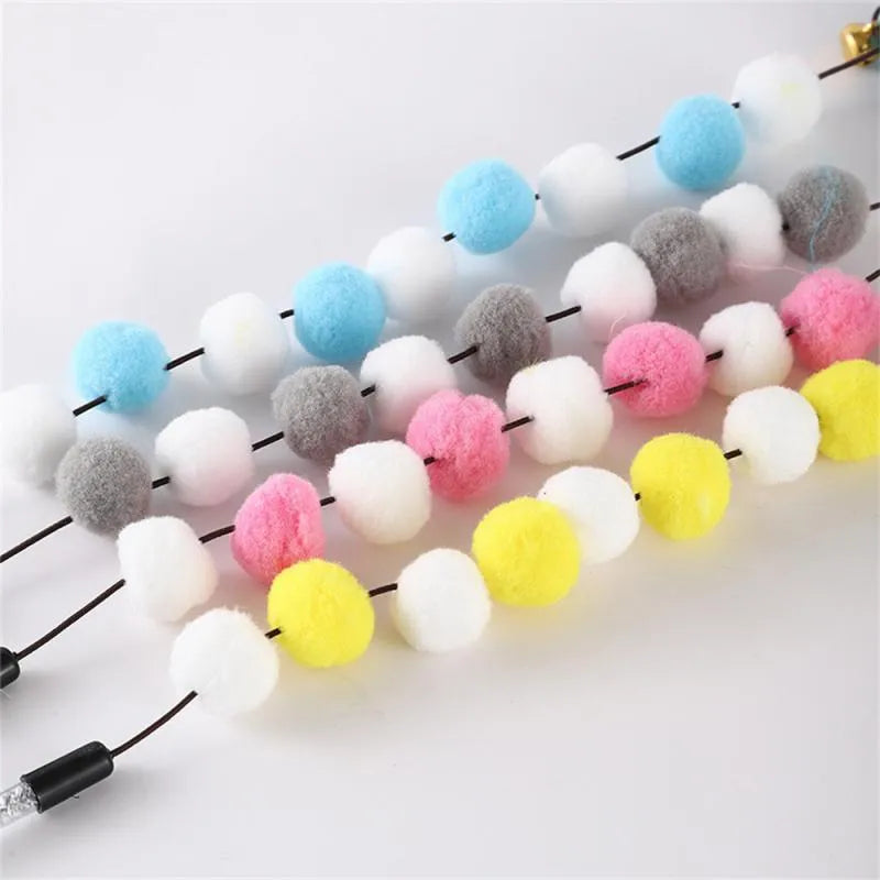 Grey, yellow and blue cat teaser rod with feathers, bell and acrylic pompons