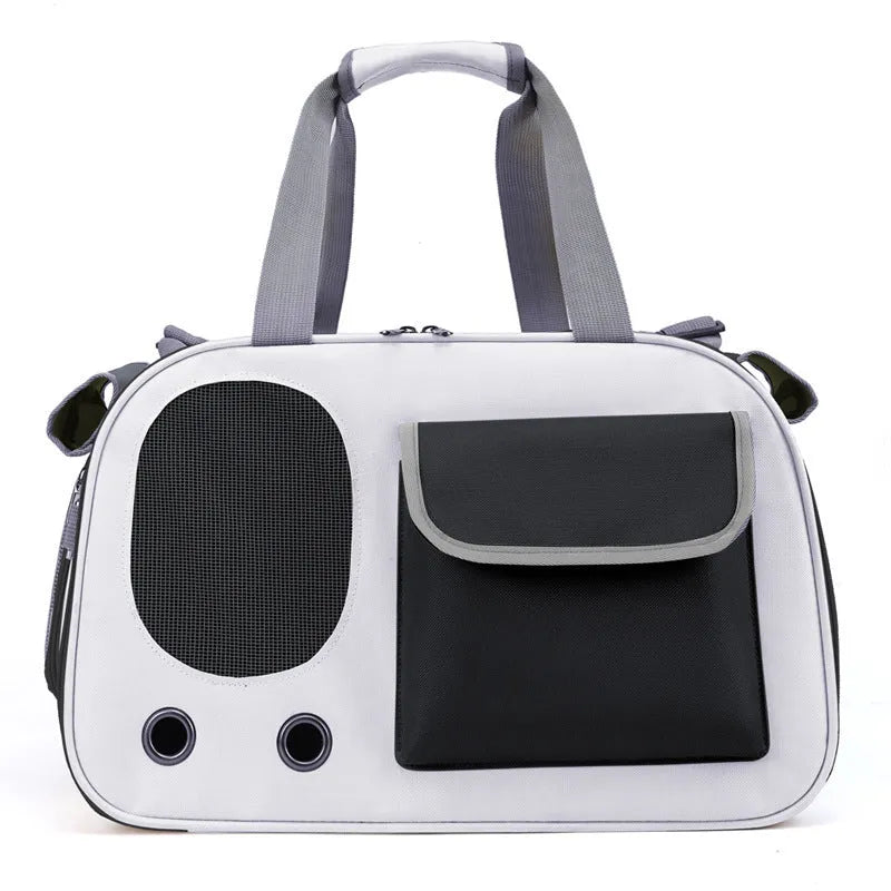 Foldable canvas pet carrier bag with shoulder strap in black colour