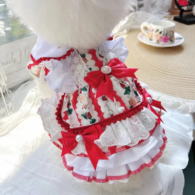 Rabbit skirt princess style dog costume made from polyester fabric on a small dog.