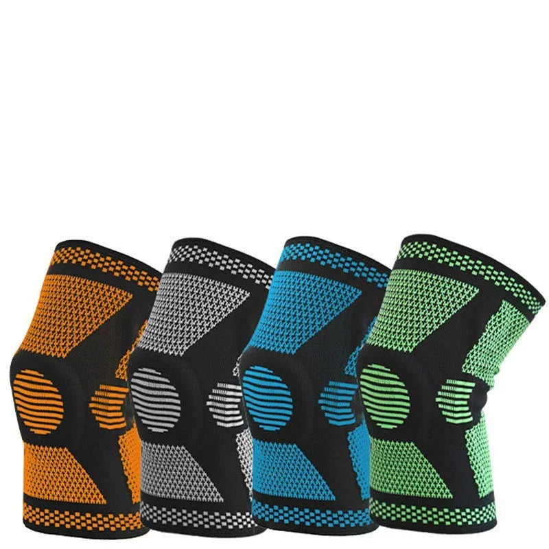 Green silicone spring knee pad shown on a leg, with size options M L XL for leg circumferences 35-55cm.