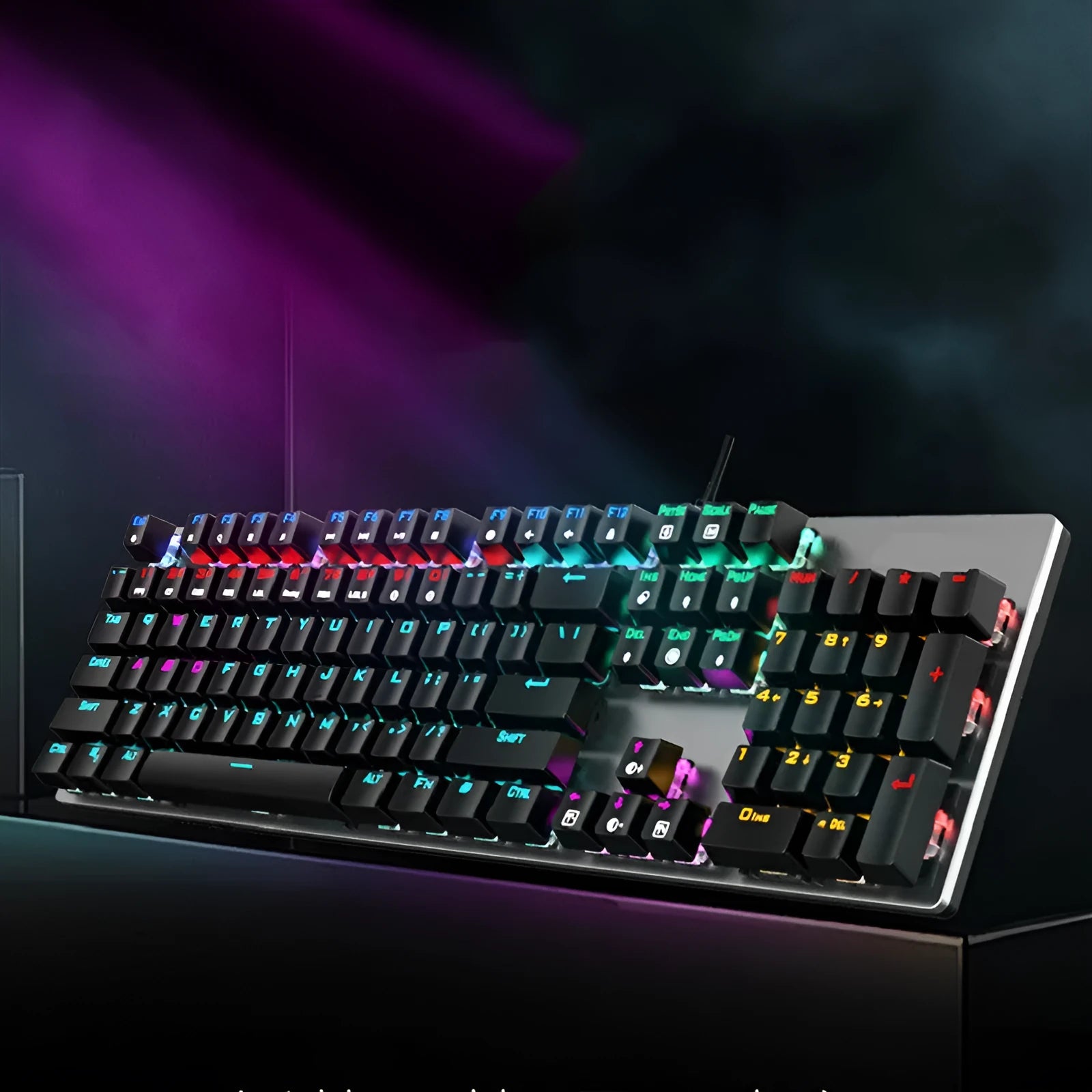 AOC GK410 mechanical keyboard with green switches, metal case, and backlit keys on a desk.