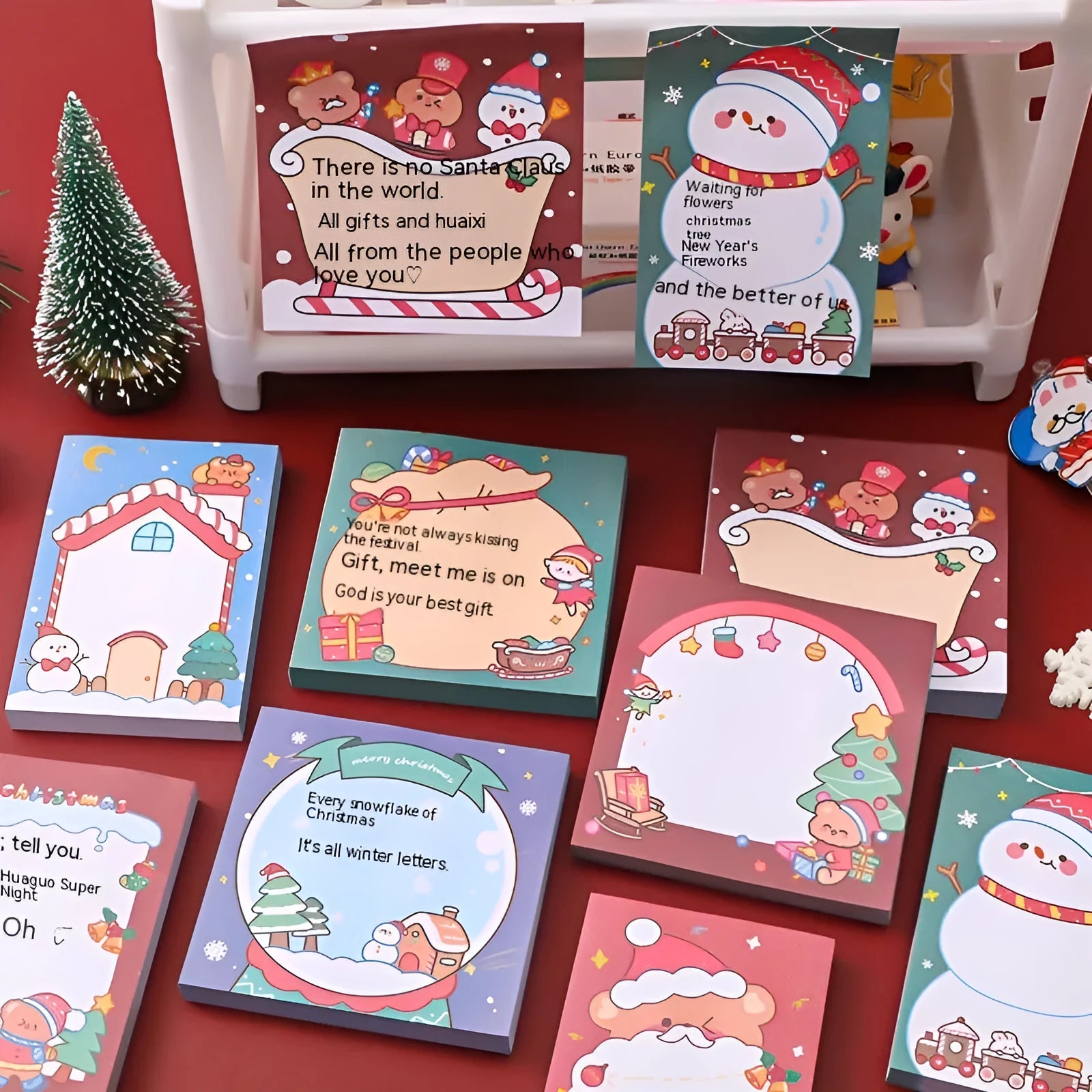 Christmas cartoon sticky notes set showing eight festive designs including bear, elf, and Santa Claus