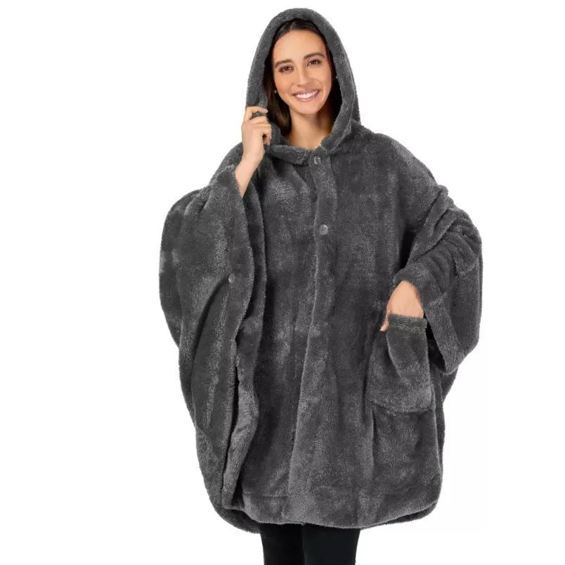 A thick, hooded long-sleeve polyester bathrobe cardigan in dark grey, shown on a hanger.