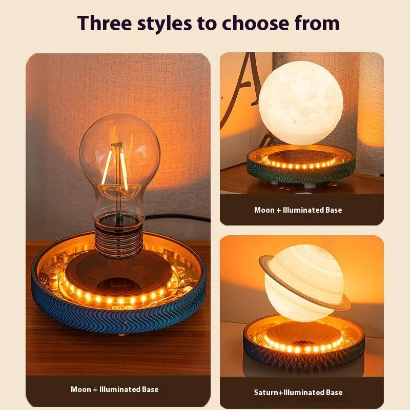 Magnetic suspension moon lamp floating above surface with USB cable